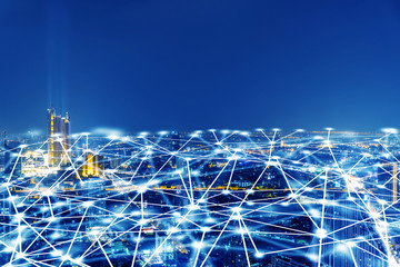 Wireless network, Connection technology concept, Information communication network, abstract line connection on night city background