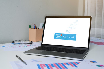 Person using a laptop computer for online training webinars. E-learning browsing connection and cloud online technology webcast concept. Laptop mockup with clipping path on screen.