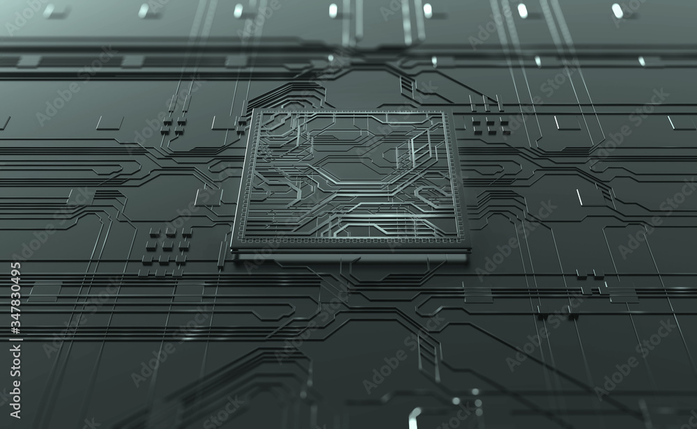 Poster motherboard, processor, cpu, quantum computer 3d illustration. high tech and cyber technology in glo