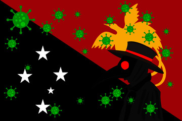 Black plague doctor surrounded by viruses with copy space with PAPUA NEW GUINEA flag.