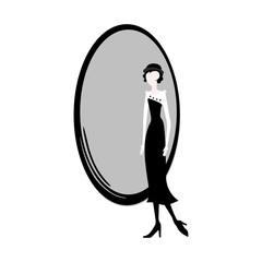Retro woman in trendy 10s style in front of a mirror