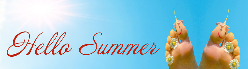 

Hello summer background banner panorama - bare children's feet with flowers and smileys isolated...