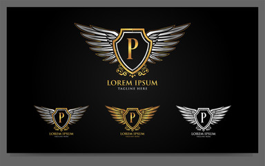 Luxury alphabets logo with golden badges wings design template. Signs, symbol illustration