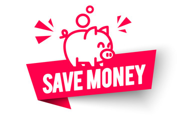 Vector Illustration Save Money Label. Modern Web Banner With Piggy Bank Icon