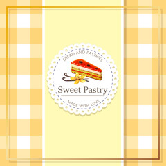 Bakery, pastry shop label, logo, flyer template with cake illustration and lettering. bakeshop background in retro vintage style. banner for bakehouse, bread packaging design. drawn watercolor sketch.