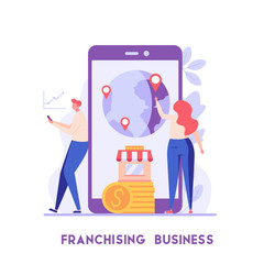 Man and woman standing and buying a franchise in common. Buying a finished business. Concept of business industry, franchising, bizopp, distribution. Vector illustration in flat design.