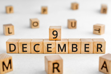 December 9 - from wooden blocks with letters, important date concept, white background random...