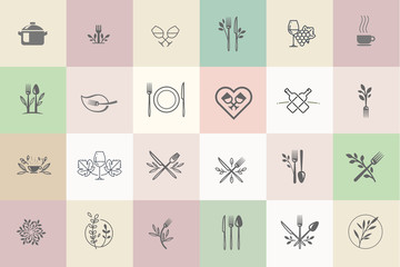 Set of icons for food and drink. Vector illustrations for graphic and web design, marketing material, restaurant menu, natural and organic products presentation, packaging design.