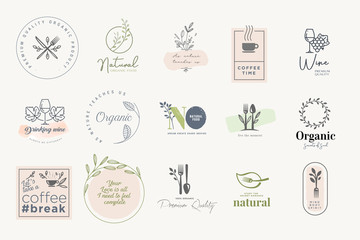 Set of labels and badges for food and drink. Vector illustrations for graphic and web design, marketing material, restaurant menu, natural products presentation, packaging design.