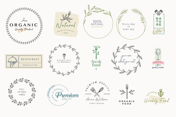 Set of badges and stickers for food and drink. Vector illustrations for graphic and web design, marketing material, restaurant menu, natural products presentation, packaging design.