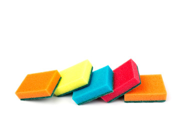 Colored sponges for washing dishes and other domestic needs, isoleted on white background