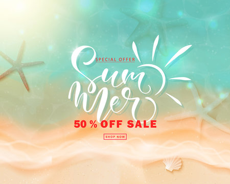 Summer sale poster with sea wave and starfish.Beautiful background with seashells on sea sand. Template banners,flyers, invitation, posters, brochure, voucher discount.Vector illustration
