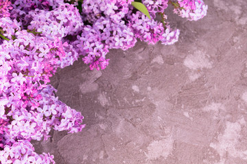 Bouquet of lilac flowers on a gray textural background. Copy space.