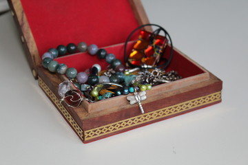 wooden box with jewelry
