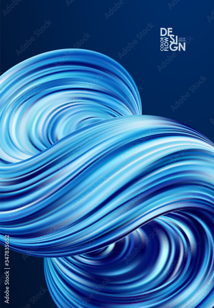 Wall mural poster with abstract 3d blue color twisted flow shape of liquid fluid.