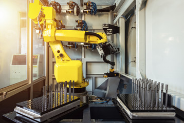Robotic Arm production lines modern industrial technology. Automated production cell.