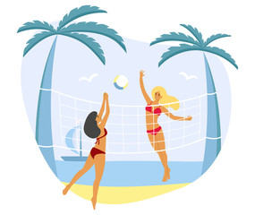 Group of girls in swimsuit playing in volleyball on the summer beach - flat cartoon vector stock illustration. Women with ball on sandy seaside with palm tree. Healthy lifestyle activity, team sport