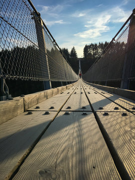 Low angle view of Geierlay suspension bridge.
