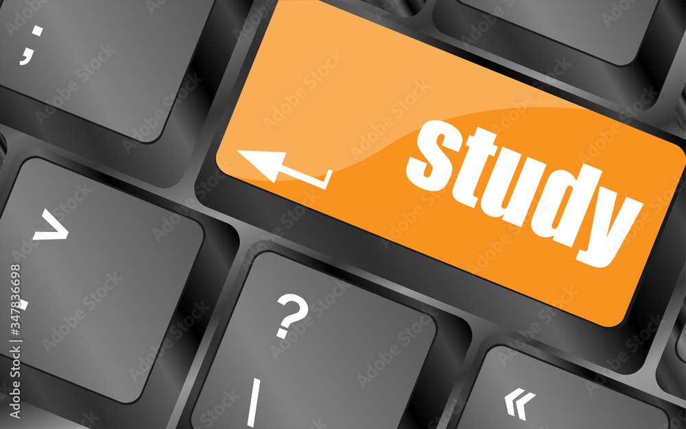 Aufkleber education concept. computer keyboard with word study, selected focus on enter button background