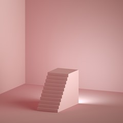 3d render minimal pink background with copy space. Abstract staircase, empty podium, vacant cubic pedestal, blank square box mockup isolated inside pink minimal room. Fashion concept