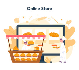 Obraz premium Baker and bakery online service or platform. Chef in the uniform
