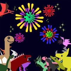 Colorful dinosaurs and Shiny Fireworks vector image illustrations 