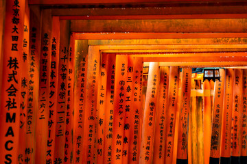  Hundreds of Torii Gate Tunnel carving with the name of donators at Fushimi Inari Shrine, Fushimi, Kyoto