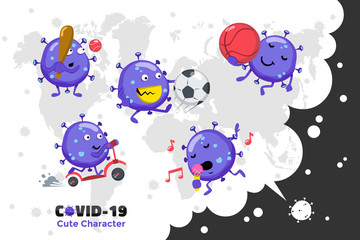 Covid-19 Coronavirus inspiration design. Cute vector character of Coronavirus in the world. Sport activities