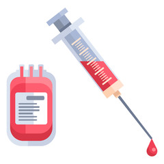 Blood syringe on white isolated backdrop. Blood pack transfusion for social banner, web element, health care promo, medical poster. Chemist shop logo or info card. Flat style stock vector illustration