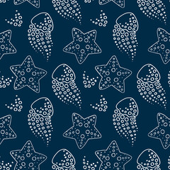 Jellyfish on blue backdrop. Coral reef starfish seamless pattern for wallpaper, wrap paper, sleeper, bath tile, apparel or bed linen. Phone case or cloth print. Doodle style stock vector illustration