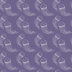 Jellyfish on purple backdrop. Sea creature seamless pattern for wallpaper, wrap paper, sleeper, bath tile, apparel or bed linen. Phone case or cloth print. Doodle style stock vector illustration
