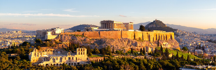 Panorama of Athens with Acropolis hill at sunset, Greece.