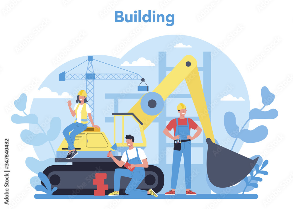 Poster house building concept. workers constructing home with tools