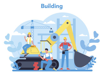 House building concept. Workers constructing home with tools