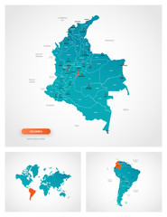 Editable template of map of Colombia with marks. Colombia  on world map and on South America map.