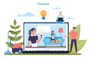 Maid, apartment cleaning online service or platform set. Woman