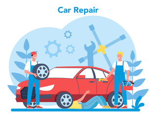Car service concept. People repair car using professional tool.