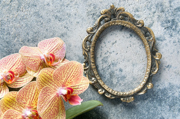 Antique brass picture frame and orchid flowers
