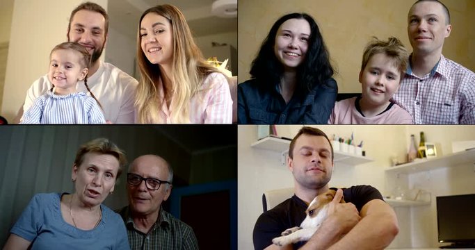 different families are communicating by video chat online, collage video of their portraits