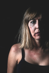 Emotional portrait of abused woman, crying, hurting. Domestic violence concept