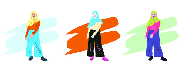 set of 3 hijab women illustration different color different style