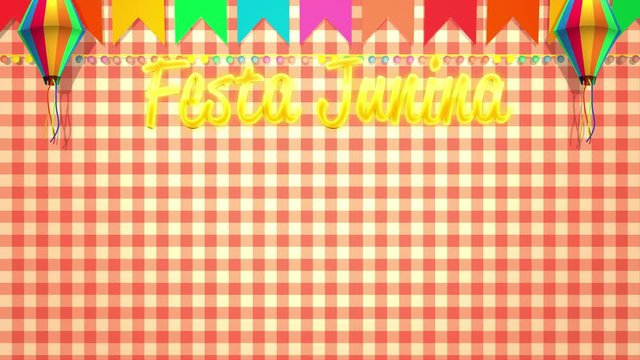 Festa Junina animation. Brazilian Saint John party. Checkered background with multi colored flags, balloons and space for text. Junine party written in portuguese.