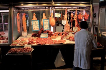 Stalls with meat at the central market of Athens, Greece.