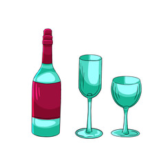 Vector illustration of a set of bottles and glasses. Glassware for drinks, alcohol, champagne and wine isolated on white background.