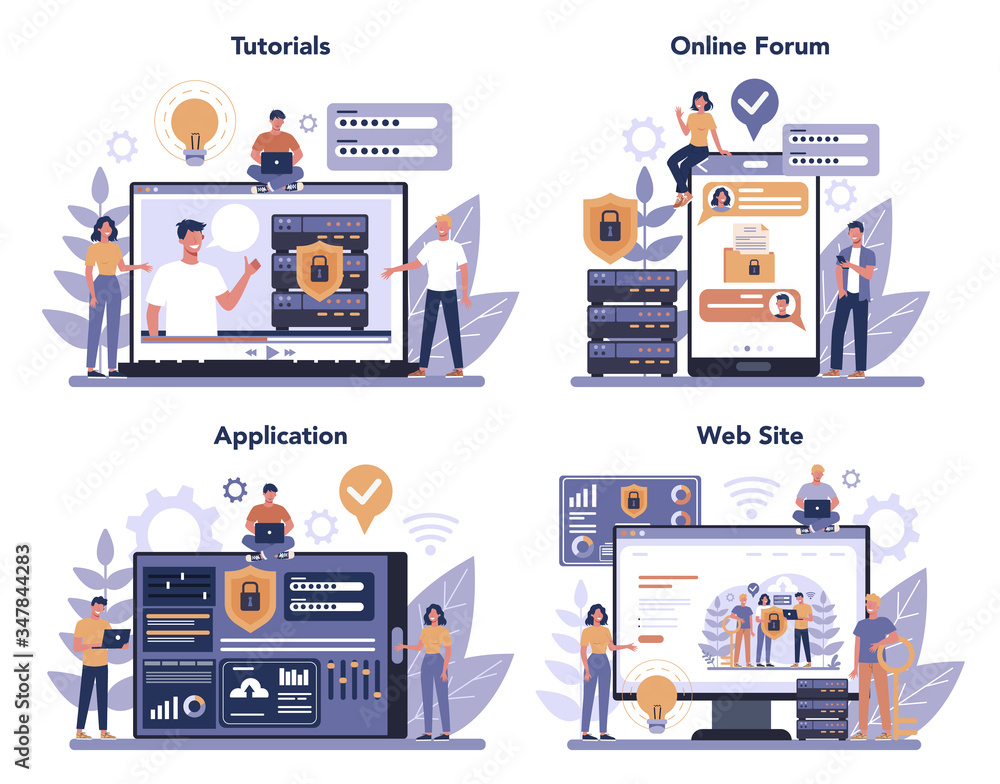 Poster cyber or web security online service or platform set. idea of digital