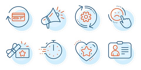 Cooking timer, Megaphone and Id card signs. Cogwheel, Ranking star and Loyalty gift line icons set. Dislike, Refund commission symbols. Engineering tool, Love rank. Technology set. Vector