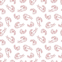 Shrimp pattern. Seafood restaurant cafe or bar background. Ocean food market vector seamless texture. Illustration shrimp seafood, background sea food