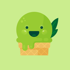 Flat vector illustration of cute ice cream character in kawaii style. Green matcha ice cream in a waffle cone