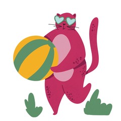 Colorful cartoon illustration of pink cat wearing sunglasses, holding beach ball. Isolated scandinavian cartoon illustration of summer vacation and travelling theme.