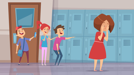 Bullying in school. Stressed kids laughs scare conflict problems in school corridor vector cartoon background. School stress, bullying people illustration